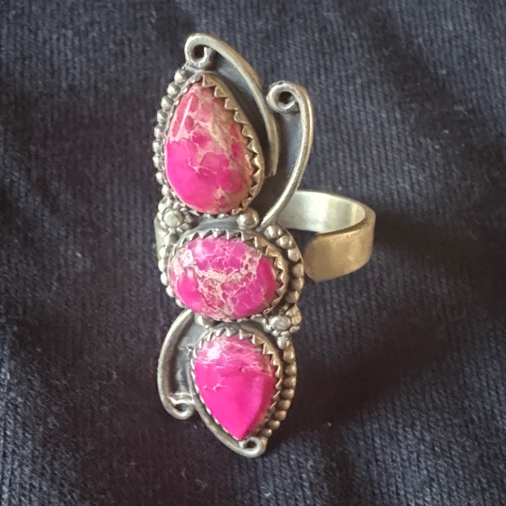 Southwestern Hot pink sea sediment Jasper Silver adjustable Ring